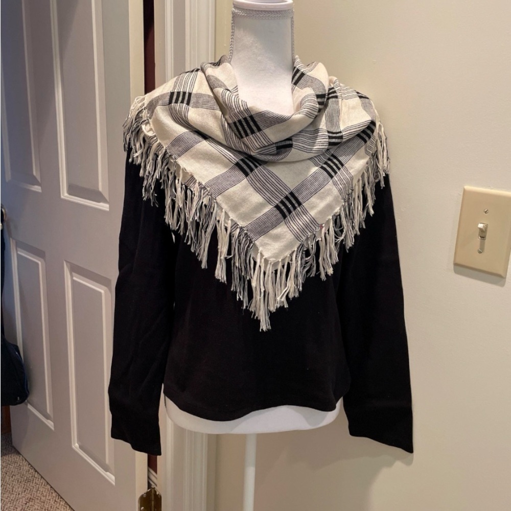 Black & White Square Fringed Rayon Scarf. India. Y2K